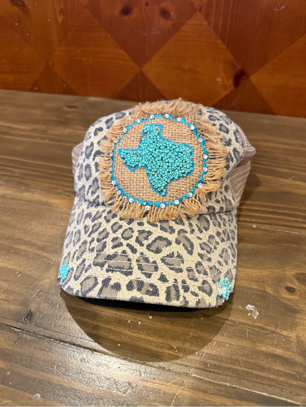 Leopard Print Cap with Turquoise Beaded Texas Patch